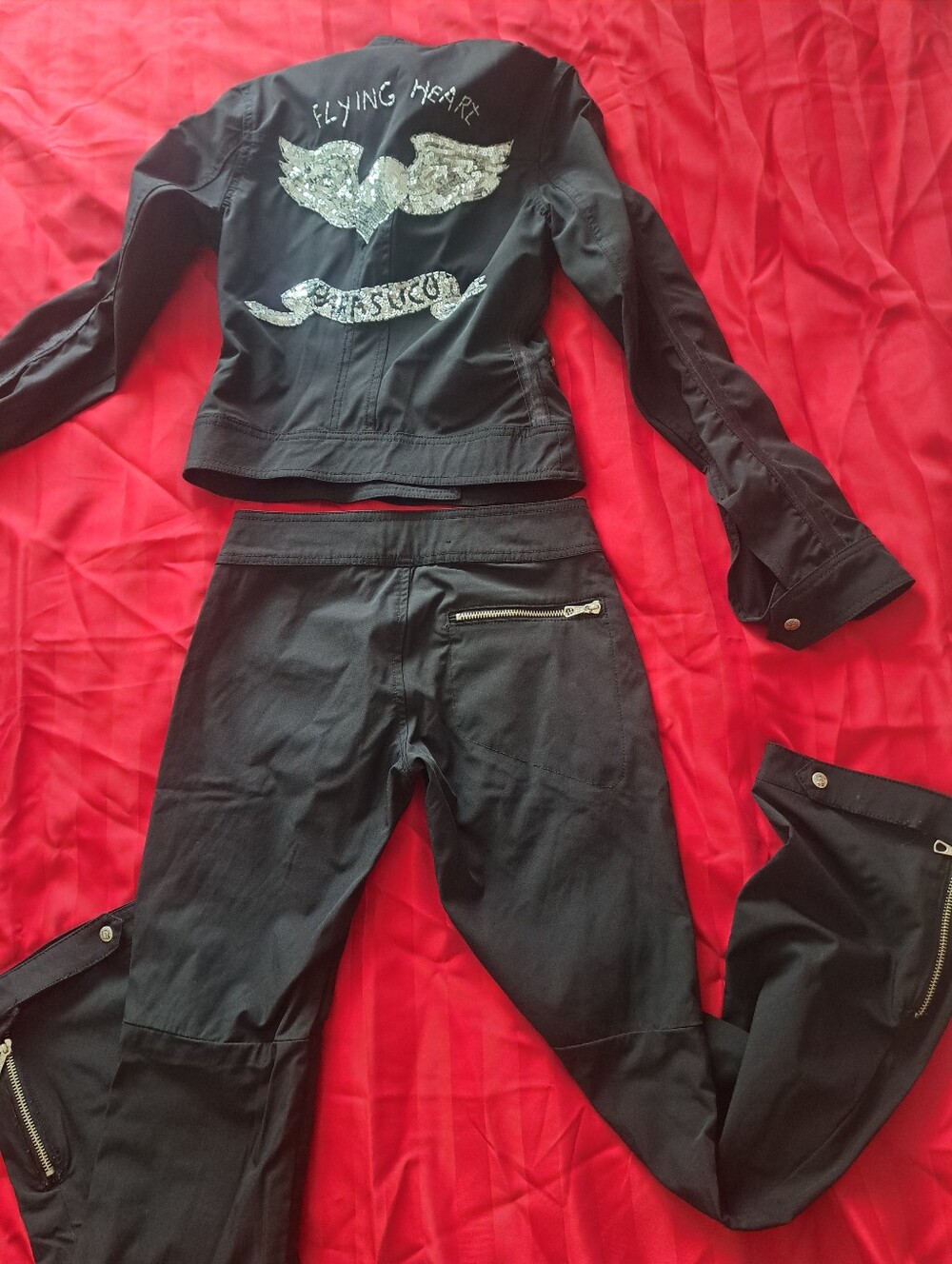 Parasuco Black Boot Cut Pants with Back Zip and Embellished Jacket Motif